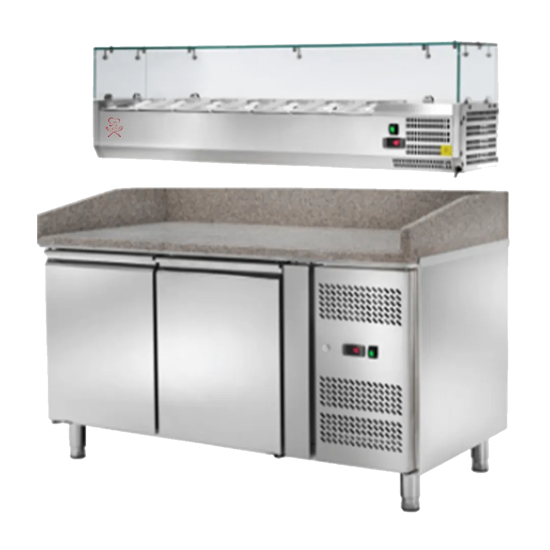 Banco pizza refrigerato ventilato 2-porte con vetrina porta condimenti